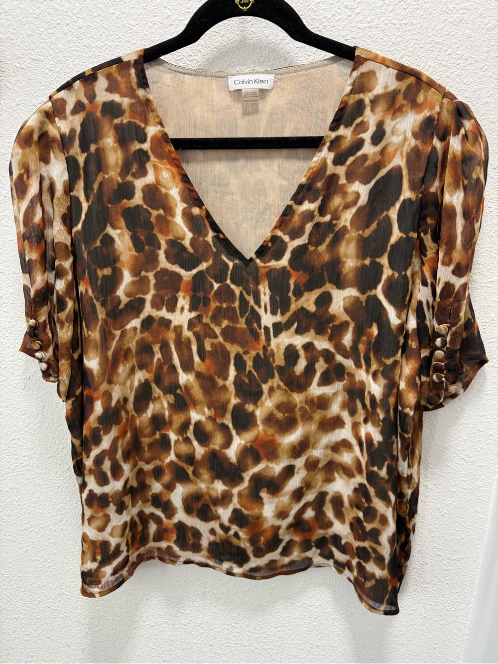 Calvin Klein Plus Size Animal Print Puff-Sleeve Blouse Terrra Multi Sz(2X)